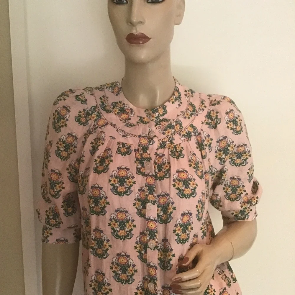 Boden Pink Floral Bea 100% Linen Lace Trim Puff Sleeve Blouse Top US 4 UK 8 Boho